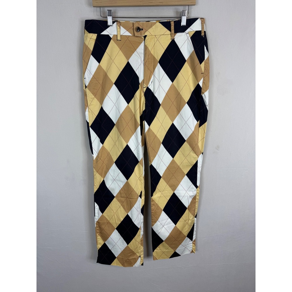Loudmouth Golf Mens Argyle Pattern Pants Tan Black White 34x30 Stretch Cotton